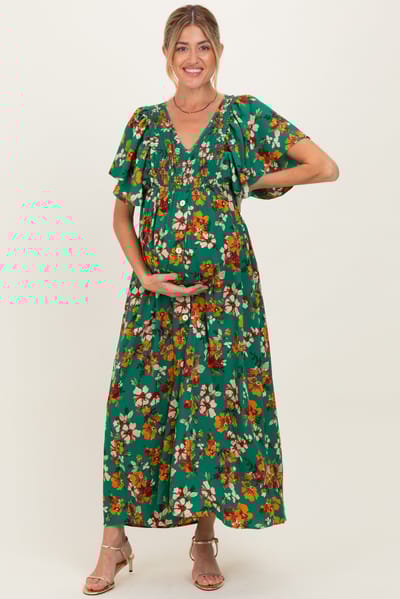 PinkBlush Hunter Green Fall Floral Short Sleeve V-Neck Maternity Maxi Dress