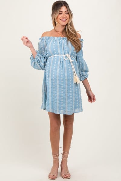 PinkBlush Light Blue Embroidered Off Shoulder Maternity Dress