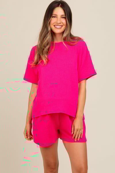 Rhea + Thea Fuchsia Ribbed Maternity Shorts Set