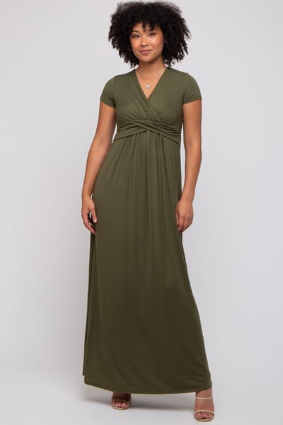 Rhea + Thea PinkBlush Olive Draped Nursing Maxi Dress