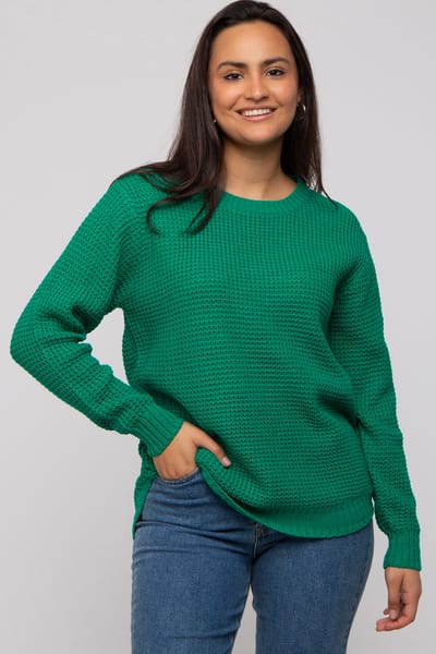 Zenana Outfitters Emerald Green Waffle Knit Round Hem Sweater