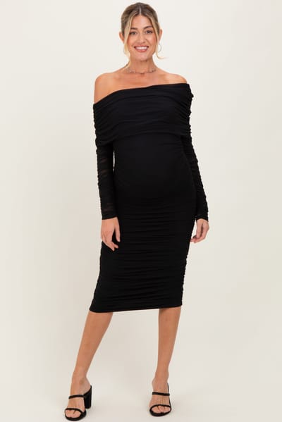 PinkBlush Black Ruched Mesh Off Shoulder Long Sleeve Maternity Midi Dress