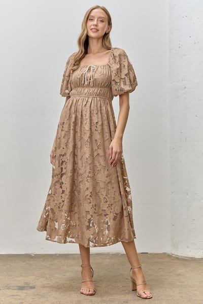 Polagram Mocha Lace Puff Sleeve Midi Dress