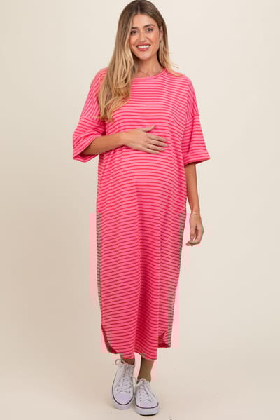 AnnieWear Fuchsia Striped Terry Maternity Maxi Dress