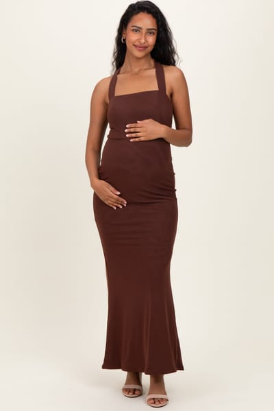 Blue Blush Brown Halter Neck Maternity Maxi Dress