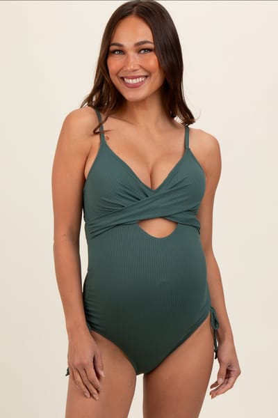 Charmo Olive Ribbed Wrap Front Drawstring Side Maternity One-Piece Swimsuit