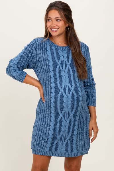 So Me Blue Two Tone Cable Knit Maternity Mini Sweater Dress