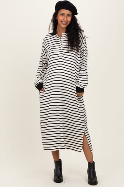 PinkBlush Black Stripe Snap Button Long Sleeve Maternity Midi Dress