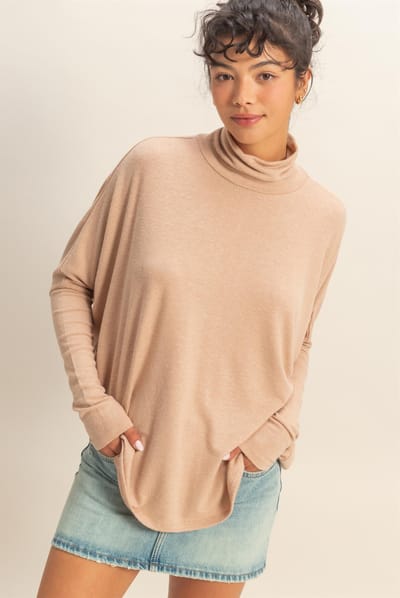 Hyfve Taupe Draped Oversized Turtleneck Dolman Sleeve Top