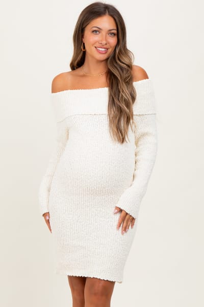 Illa Illa Ivory Off The Shoulder Knit Sweater Maternity Mini Dress