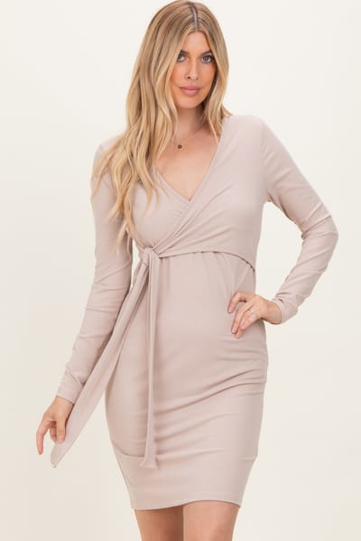 Rhea + Thea Beige Ribbed Long Sleeve V-Neck Wrap Midi Dress