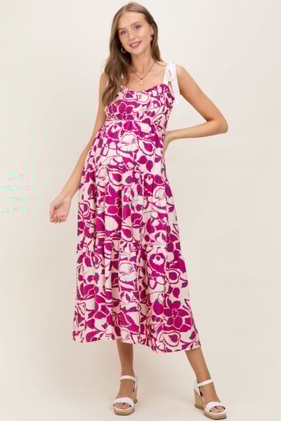 J.NNA Fuchsia Bloom Floral Print Smocked Maternity Maxi Dress