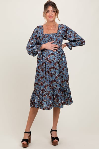 Elloh Blue Rose Smocked Velvet Bow Tie Maternity Midi Dress