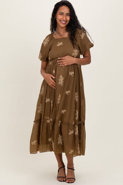 Polagram Mocha Floral Embroidered Puff Sleeve Maternity Midi Dress