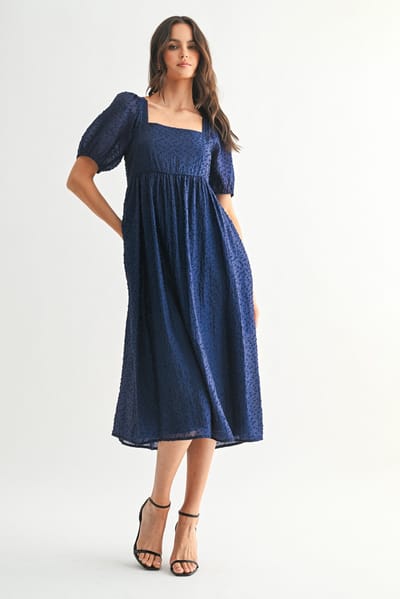 Wishlist Navy Swiss Dot Puff Sleeve Midi Dress