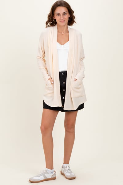 Rhea + Thea Cream Solid Ribbed Long Sleeve Open Front Pocket Cardigan