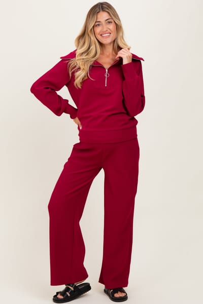 PinkBlush Burgundy RIbbed Half Zip Pullover Wide Leg Pant Maternity Set
