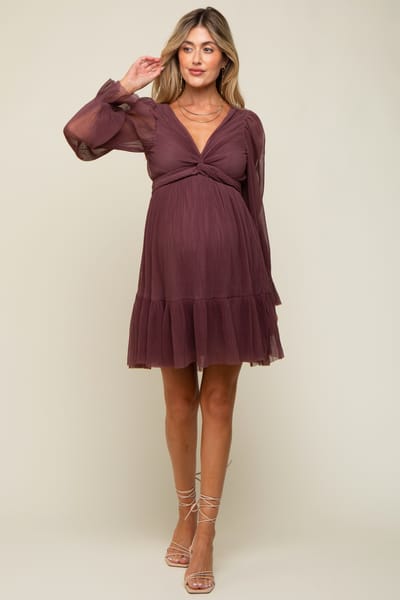 Listicle Purple Pleated Knotted Long Sleeve Maternity Dress