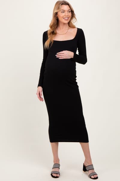 Hearts and Hips Black Square Neck Rib Long Sleeve Maternity Maxi Dress