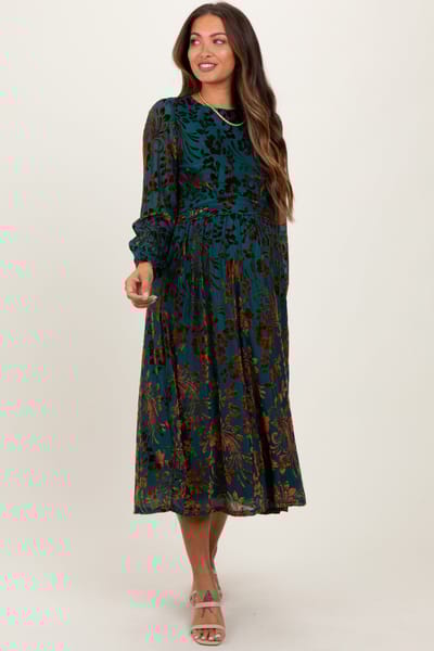 Hayden Teal Velvet Floral Overlay Maternity Midi Dress