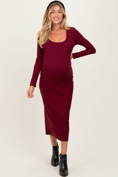 Hello Miz Burgundy Scoop Neck Long Sleeve Maternity Midi Dress