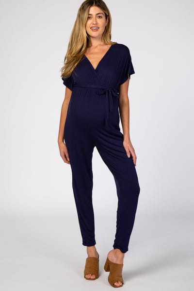 Hello Miz Navy Wrap Tie Maternity Jumpsuit