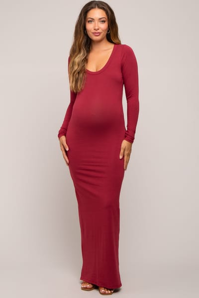Culture Code Burgundy Solid Long Sleeve Scoop Neck Maternity Maxi Dress