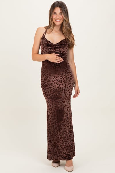 Blue Blush Brown Animal Print Halter Maternity Maxi Dress
