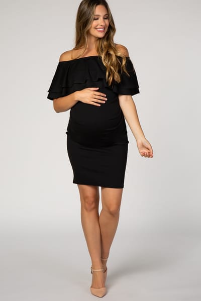 Hello Miz Black Off Shoulder Ruched Maternity Dress