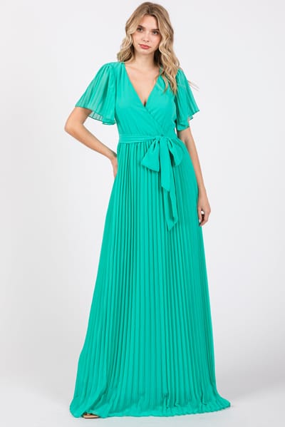 Ricarica Aqua Chiffon Wrap Front V-Neck Short Sleeve Pleated Maxi Dress