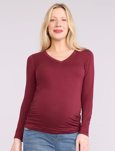 Motherhood Maternity Side Ruched Long Sleeve V-Neck Maternity Tee