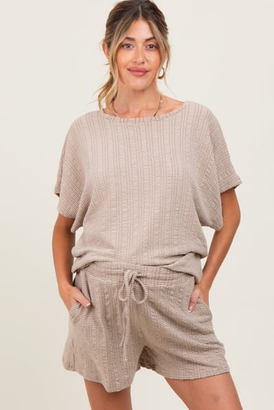 PinkBlush Taupe Textured Knit Dolman Sleeve Top Shorts Maternity Set