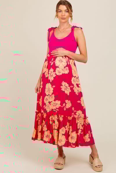 PinkBlush Fuchsia Floral Colorblock Maternity Midi Dress