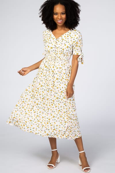 Reborn J Ivory Floral Tie Sleeve Midi Dress