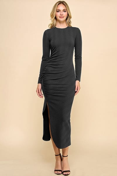Hearts and Hips Black Crew Neck Side Ruching Deep Slit Midi Dress