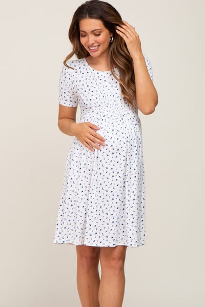 Hello Miz Ivory Floral Smocked Short Sleeve Maternity Dress