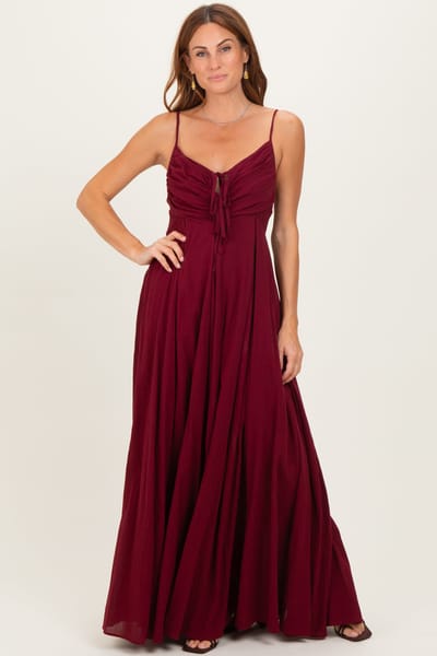 Camellia Burgundy Gathered Tie Front Maxi Dress