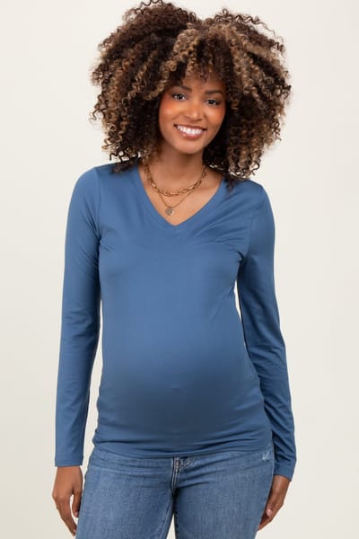 PinkBlush Blue Brushed Knit V-Neck Long Sleeve Maternity Top