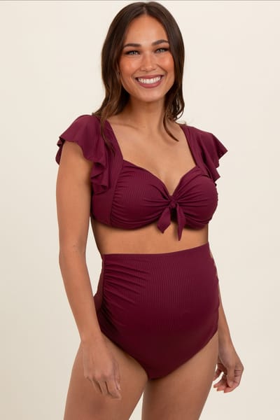 Charmo Burgundy Ribbed Ruffle Shoulder Front Tie High Waist Two-Piece Maternity Swimsuit