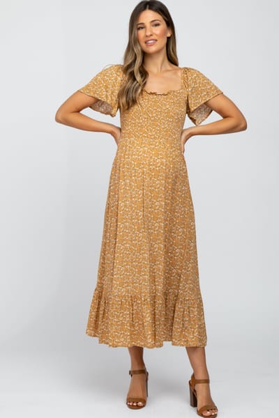 PinkBlush Mustard Floral Smocked Maternity Maxi Dress