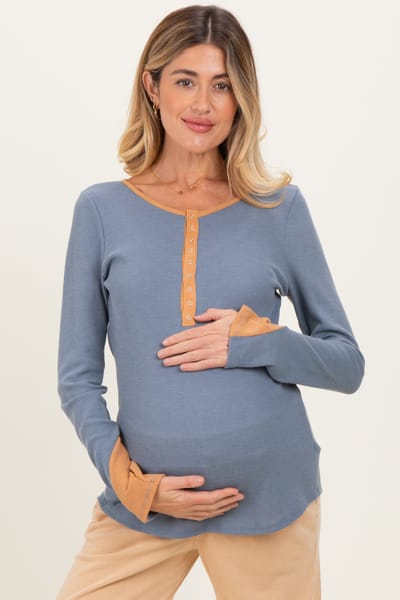 Lovely Melody Blue Colorblock Snap Button Maternity Henley