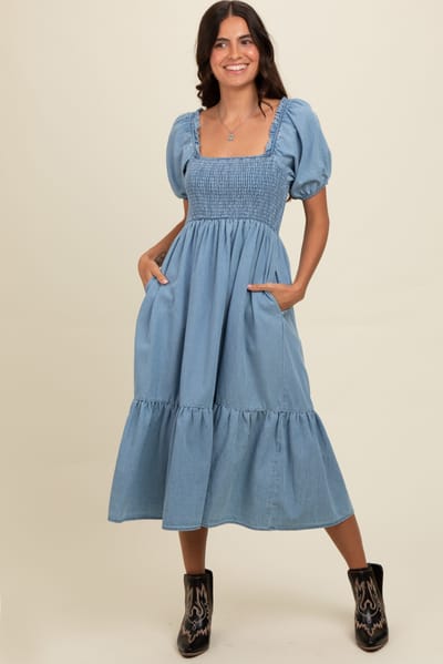 Elloh Light Blue Vintage Wash Chambray Smocked Midi Dress