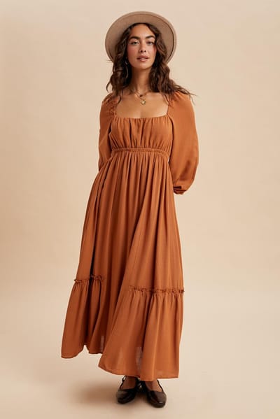 In Loom Rust Square Neckline Bubble Sleeve Maxi Dress