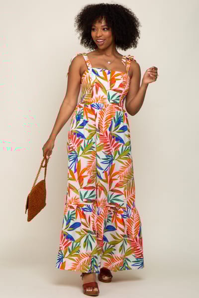 Vine & Love Orange Multi-Color Palm Print Shoulder Tie Maxi Dress