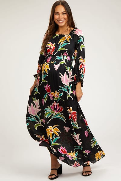 PinkBlush Black Floral Ruffle Neck Maternity Maxi Dress