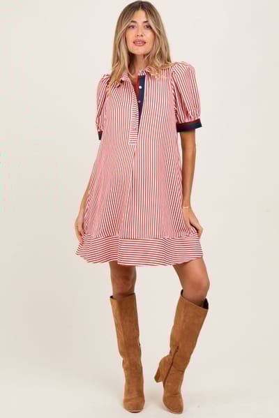 PinkBlush Rust Striped Puff Sleeve Maternity Mini Shirt Dress