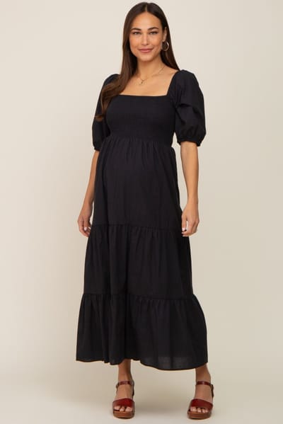 PinkBlush Black Square Neck Smocked Tiered Maternity Maxi Dress