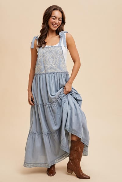In Loom Blue Embroidered Ruffle Tiered Apron Dress