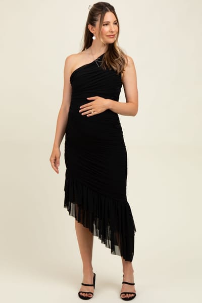PinkBlush Black Ruched Mesh One Shoulder Asymmetric Maternity Dress