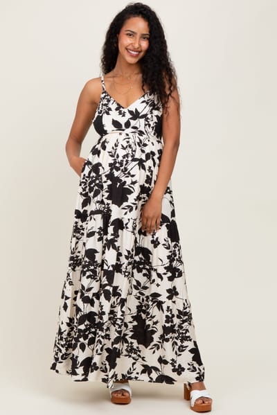 Doe & Rae Black Floral Cutout Tie Back Maternity Maxi Dress